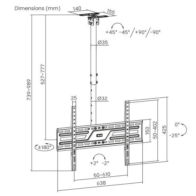 My Wall TV-plafondbeugel | tot 86 inch | full motion