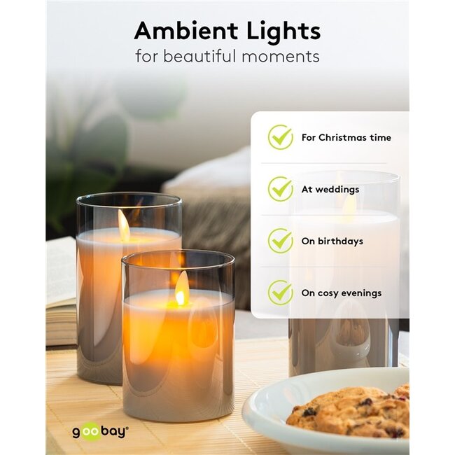 Goobay glazen LED-kaars | 12,5 cm | timerfunctie | grijs | IP20