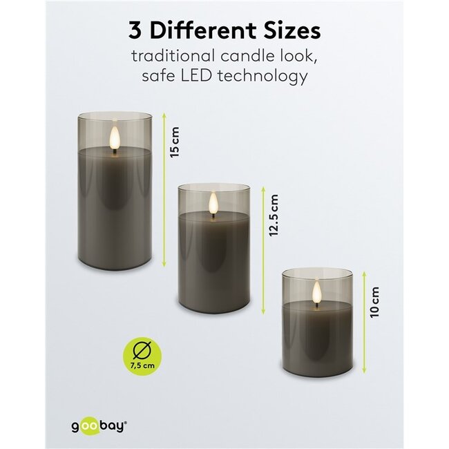 Goobay glazen LED-kaarsenset | 3 stuks | timerfunctie | grijs | IP20