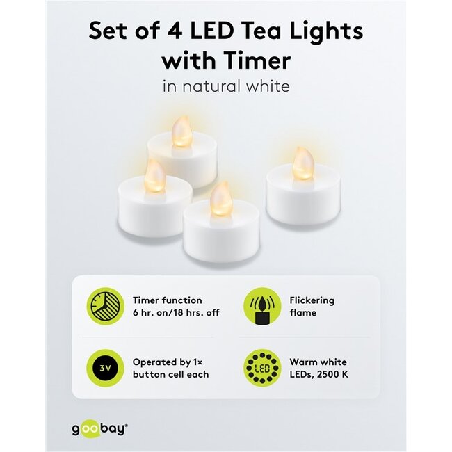 Goobay LED-theelichtjesset | 4 stuks | timerfunctie | wit | IP20