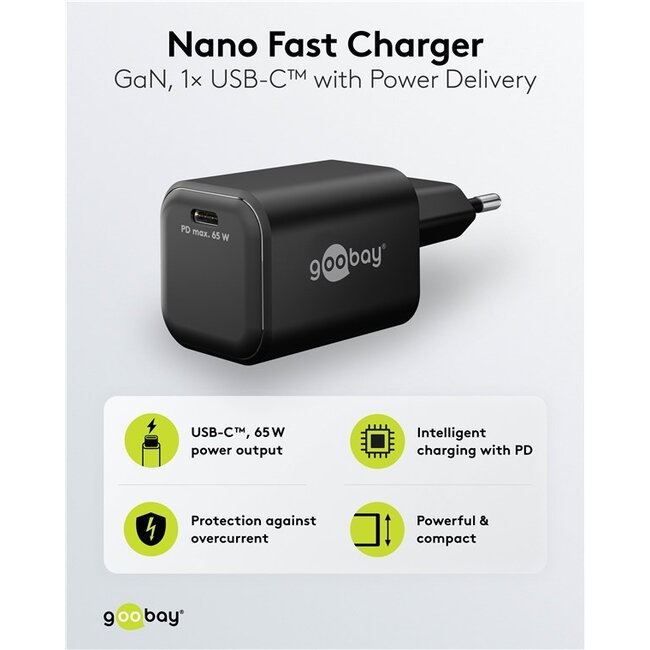 Goobay nano USB lader | USB-C PD | GaN | 65W | zwart