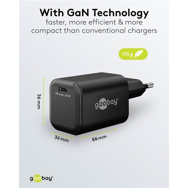 Goobay nano USB lader | USB-C PD | GaN | 65W | zwart