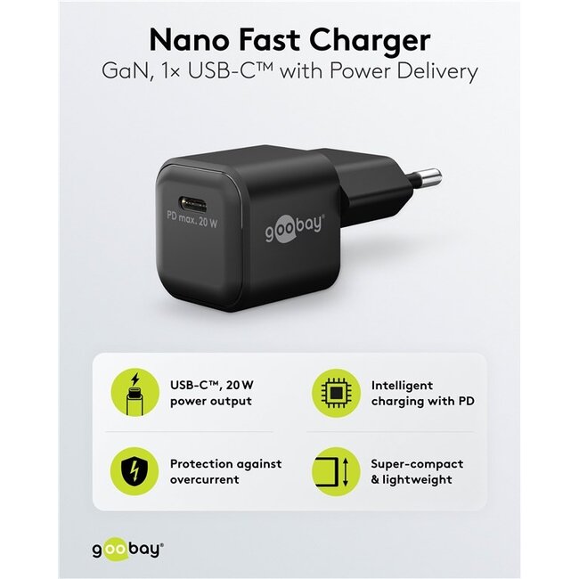 Goobay nano USB lader | USB-C PD | GaN | 20W | zwart