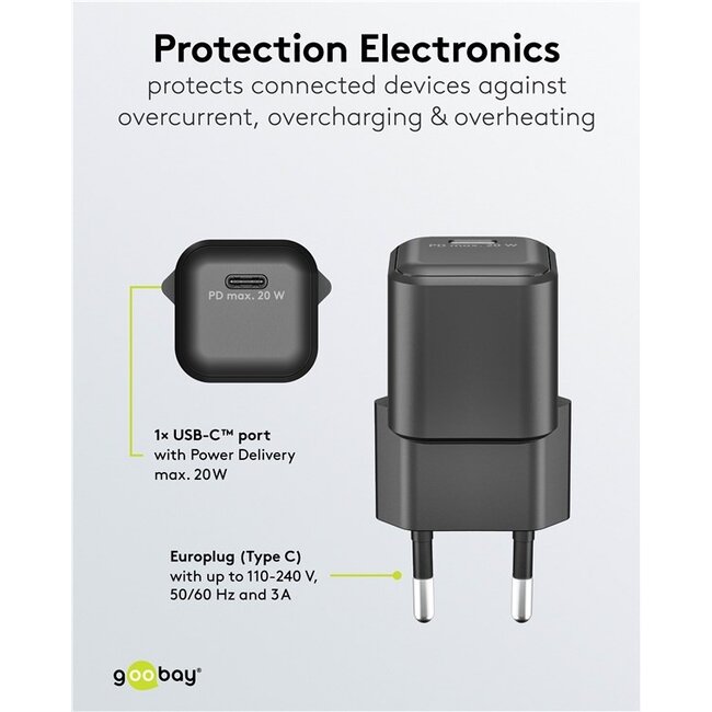 Goobay nano USB lader | USB-C PD | GaN | 20W | zwart