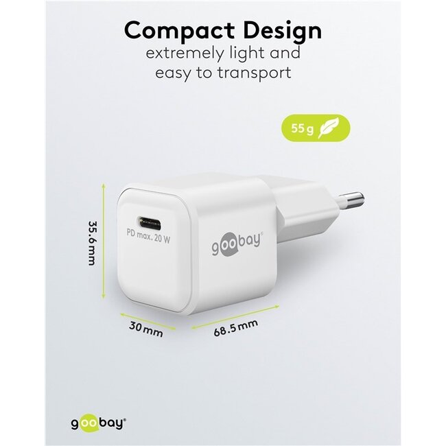 Goobay nano USB lader | USB-C PD | GaN | 20W | wit
