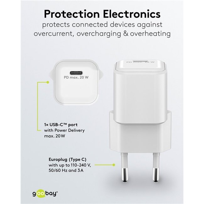 Goobay nano USB lader | USB-C PD | GaN | 20W | wit