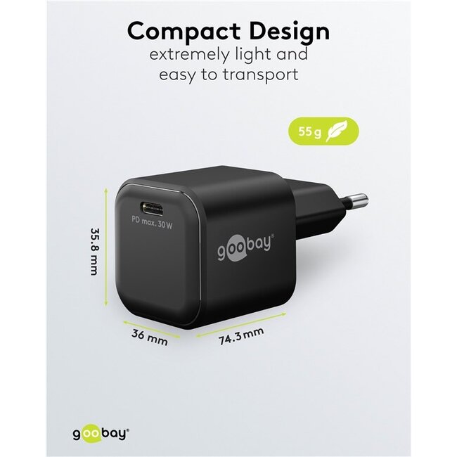 Goobay nano USB lader | USB-C PD | GaN | 30W | zwart