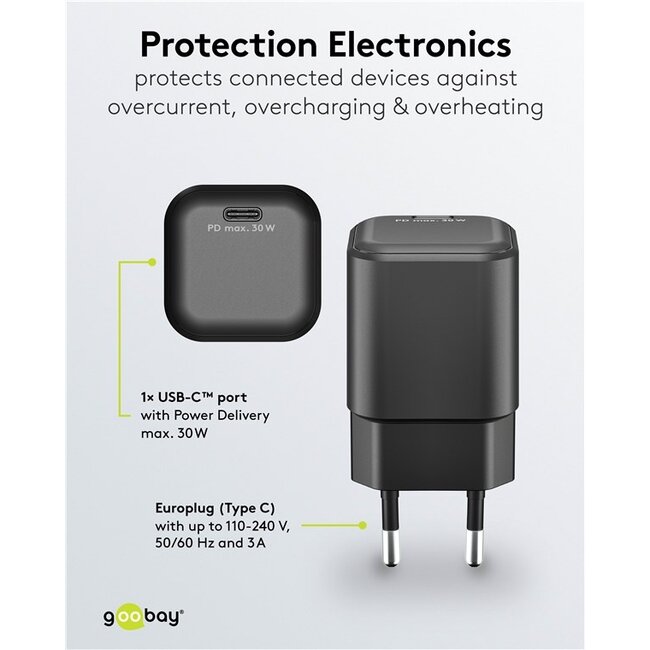 Goobay nano USB lader | USB-C PD | GaN | 30W | zwart
