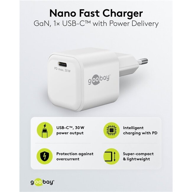 Goobay nano USB lader | USB-C PD | GaN | 30W | wit