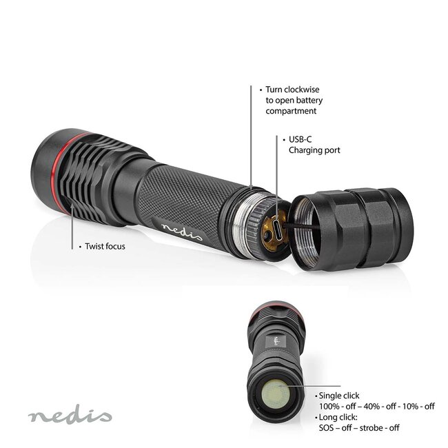 Nedis LED-zaklamp | oplaadbaar | 10W | IPX7