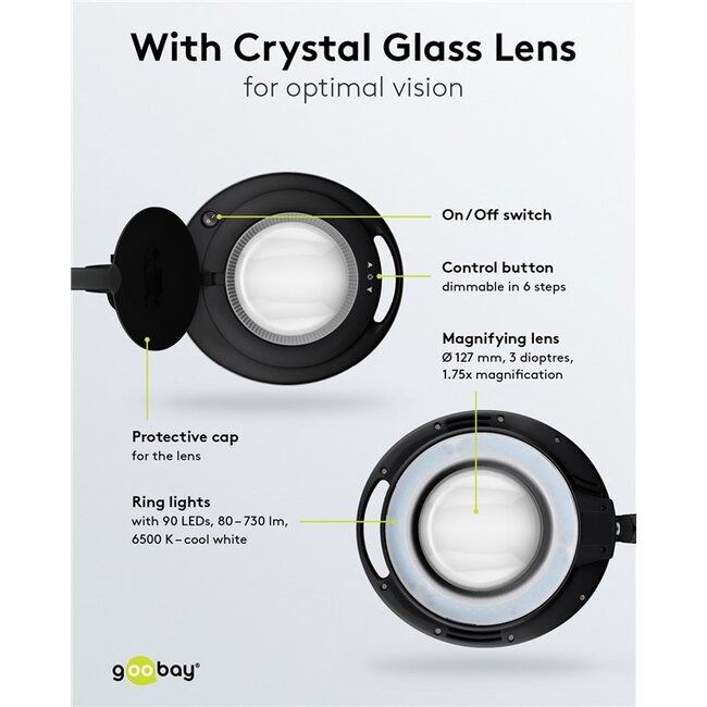 Goobay premium LED loeplamp | 730 lm (dimbaar) | 9W | bureauklem | zwart