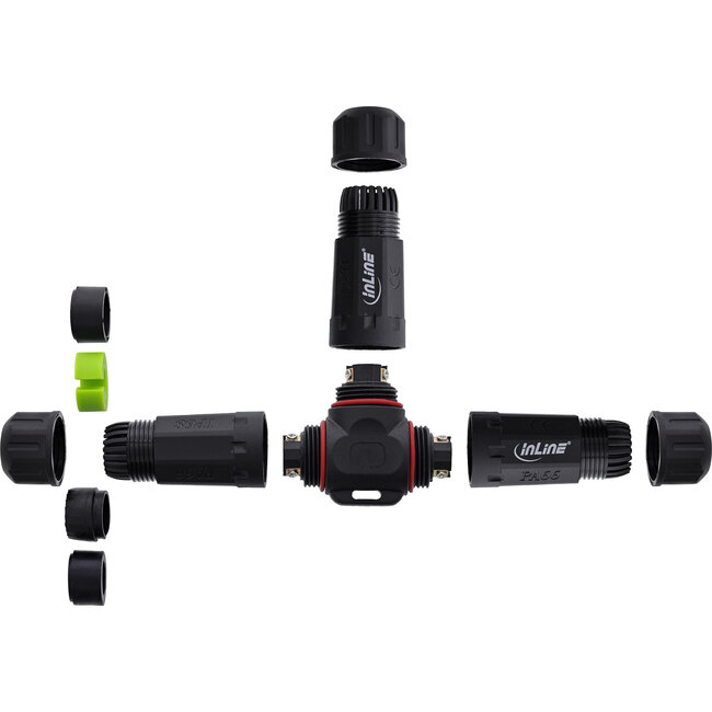 InLine® Voedingskabel koppelaar, IP68, 3-polig, 3-weg, M20, zwart