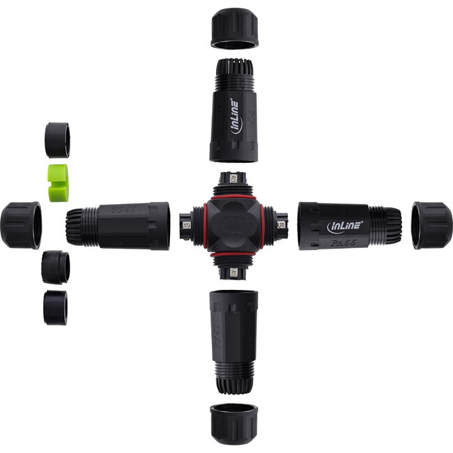 InLine® Voedingskabel koppelaar, IP68, 3-polig, 4-weg, M20, zwart