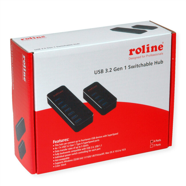 ROLINE USB 3.2 Gen 1 notebook hub, 4 poorten, individueel schakelbaar, zwart