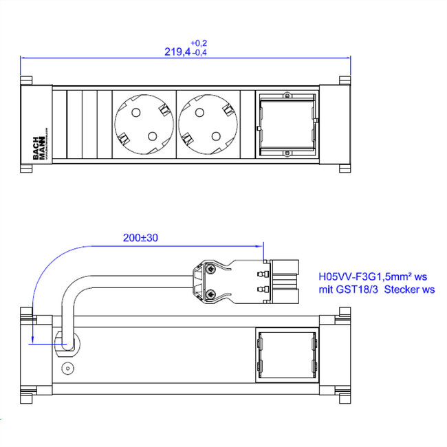 BACHMANN POWER FRAME 2xCEE7/3 1xCM 0,2m GST18 RAL9010
