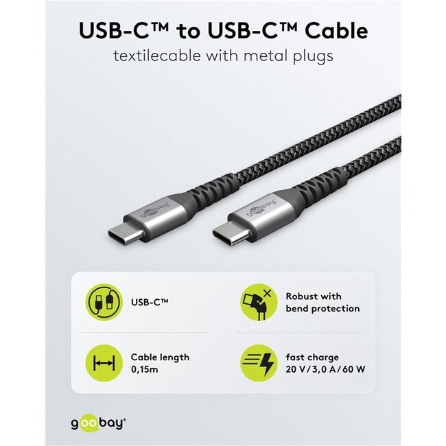 Goobay USB-C™ to USB-C™ Textile Cable with Metal Plugs (Space Grey/Silver), 0.15 m