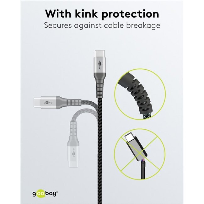 Goobay USB-C™ to USB-C™ Textile Cable with Metal Plugs (Space Grey/Silver), 0.15 m