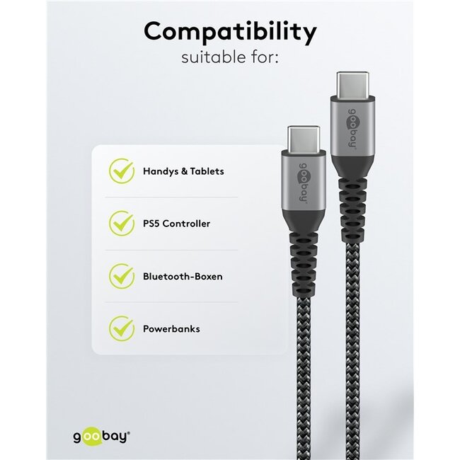 Goobay USB-C™ to USB-C™ Textile Cable with Metal Plugs (Space Grey/Silver), 0.15 m