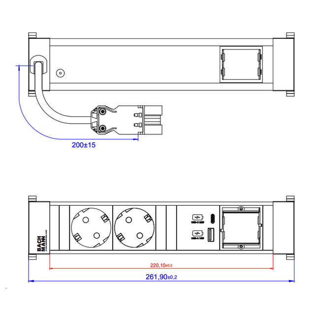 BACHMANN POWER FRAME M 2xCEE7/3, 1xUSB A&C 22W 1xCM 0,2m GST18