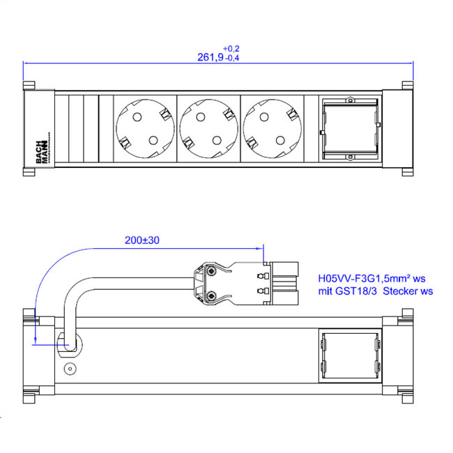 BACHMANN POWER FRAME 3xCEE7/3 1xCM 0,2m GST18 RAL9010