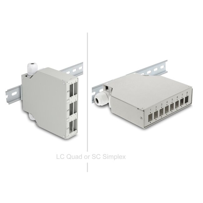 Delock Fiber Optic Patch Panel 6 port for SC Duplex and LC Quad with alternative panel for 8 x SC Simplex or LC Duplex grey for DIN rail mounting - horizontally or vertically mounted