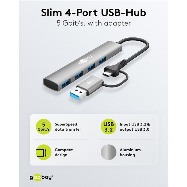 Goobay 2-in-1 Slim 4-Port USB Hub, 5 Gbit/s