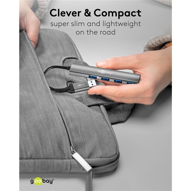 Goobay 2-in-1 Slim 4-Port USB Hub, 5 Gbit/s