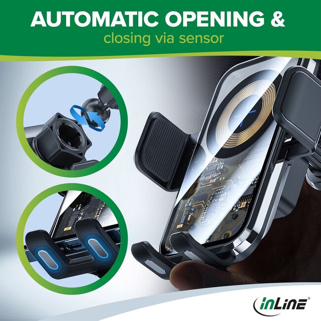 InLine smartphone autohouder | automatische sluiting | raam- en luchtroosterbevestiging | draadloze lader