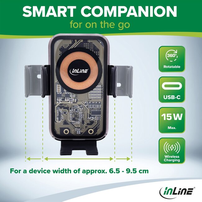 InLine smartphone autohouder | automatische sluiting | raam- en luchtroosterbevestiging | draadloze lader