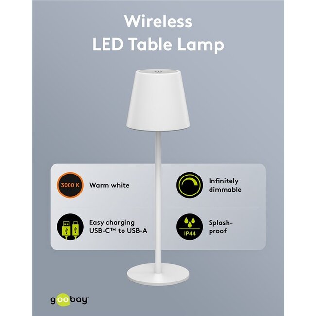Goobay LED-tafellamp | 37 cm hoog | warm wit | dimbaar | oplaadbaar (USB-C) | wit | IP44