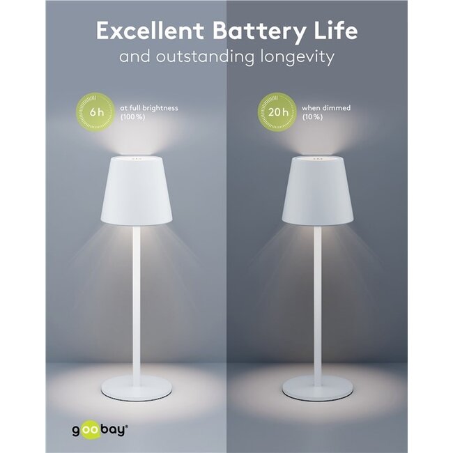 Goobay LED-tafellamp | 37 cm hoog | warm wit | dimbaar | oplaadbaar (USB-C) | wit | IP44