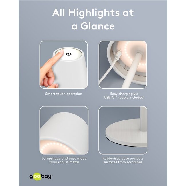 Goobay LED-tafellamp | warm wit | dimbaar | oplaadbaar (USB-C) | wit | IP44