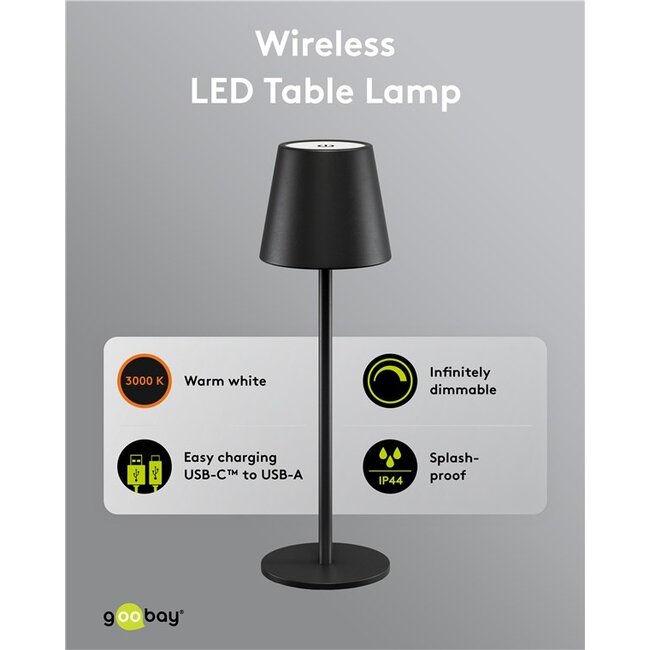 Goobay LED-tafellamp | 37 cm hoog | warm wit | dimbaar | oplaadbaar (USB-C) | zwart | IP44