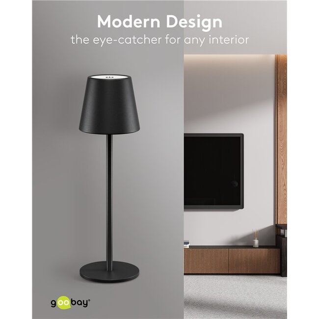 Goobay LED-tafellamp | 37 cm hoog | warm wit | dimbaar | oplaadbaar (USB-C) | zwart | IP44