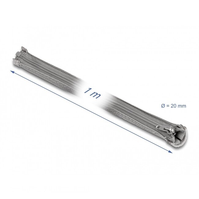 Delock polyester kabelsleeve met ritssluiting | 20mm | hittebestendig | grijs | 1 meter