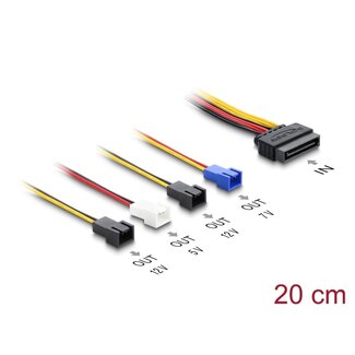 DeLOCK Power cable SATA 15 pin plug to 4 x 2 pin fan (12 V / 7 V / 5 V) 20 cm