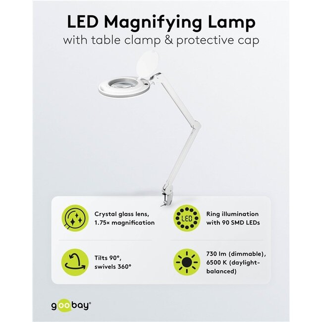 Goobay premium LED loeplamp | 730 lm (dimbaar) | 9W | bureauklem | wit