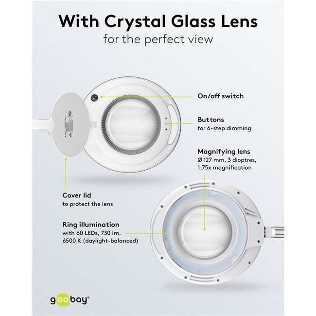 Goobay premium LED loeplamp | 730 lm (dimbaar) | 9W | bureauklem | wit