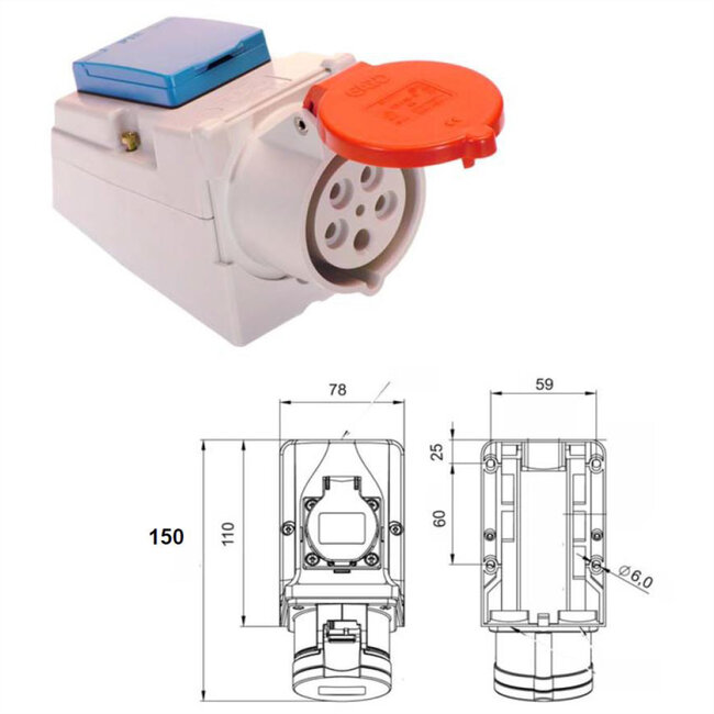 BACHMANN combi wandcontactdoos 400V, IEC309 IPX4 5-pins beschermd stopcontact 230V 16A