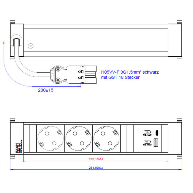 BACHMANN POWER FRAME M 3xCEE7/3, SB A&C 22W Oplader 0,2m GST18