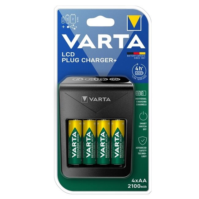 Varta LCD Plug Charger+ batterijenlader | AA/AAA/E | incl. 4x AA | 2100 mAh