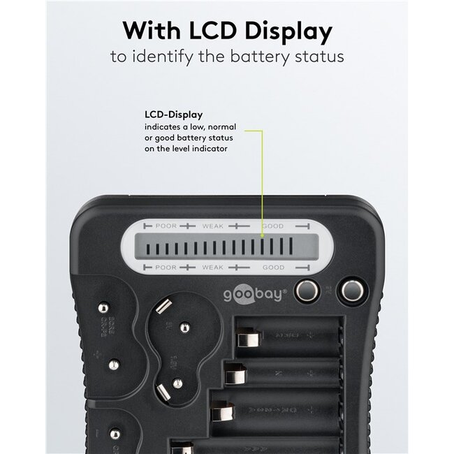 Goobay batterijentester met LCD-display | voor AA-, AAA-, C-, D-, 9V- en knoopcelbatterijen