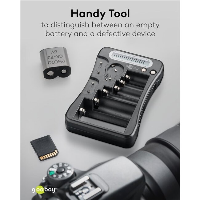 Goobay batterijentester met LCD-display | voor AA-, AAA-, C-, D-, 9V- en knoopcelbatterijen