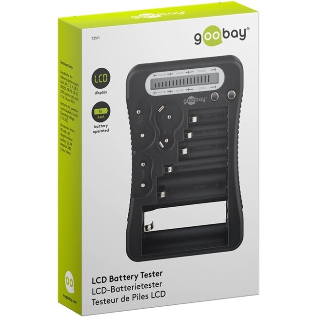 Goobay batterijentester met LCD-display | voor AA-, AAA-, C-, D-, 9V- en knoopcelbatterijen
