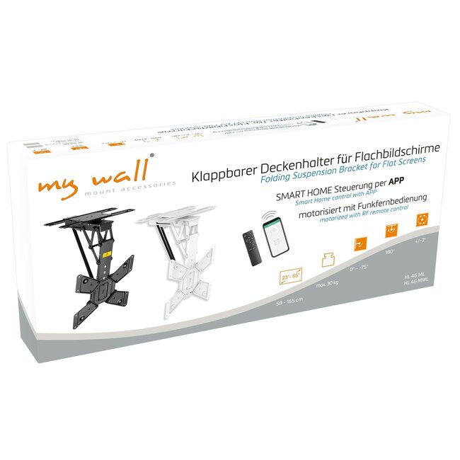 My Wall TV-plafondbeugel | tot 65 inch | gemotoriseerd | inklapbaar en draaibaar | app en afstandsbediening | zwart