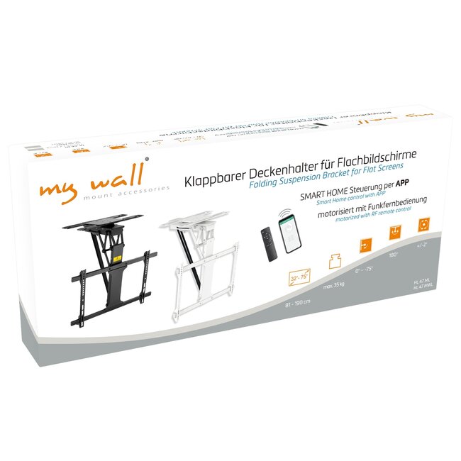 My Wall TV-plafondbeugel | tot 75 inch | gemotoriseerd | inklapbaar en draaibaar | app en afstandsbediening | zwart