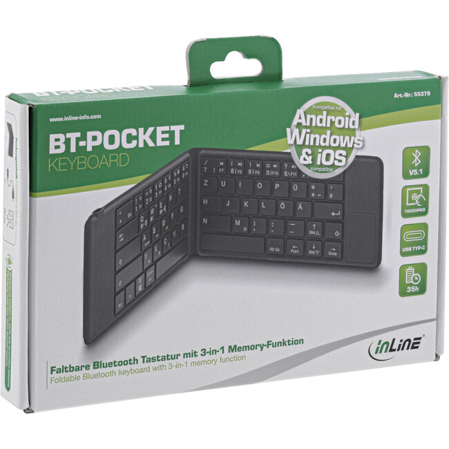 InLine® opvouwbaar Bluetooth-toetsenbord "BT-Pocket", voor maximaal 3 apparaten
