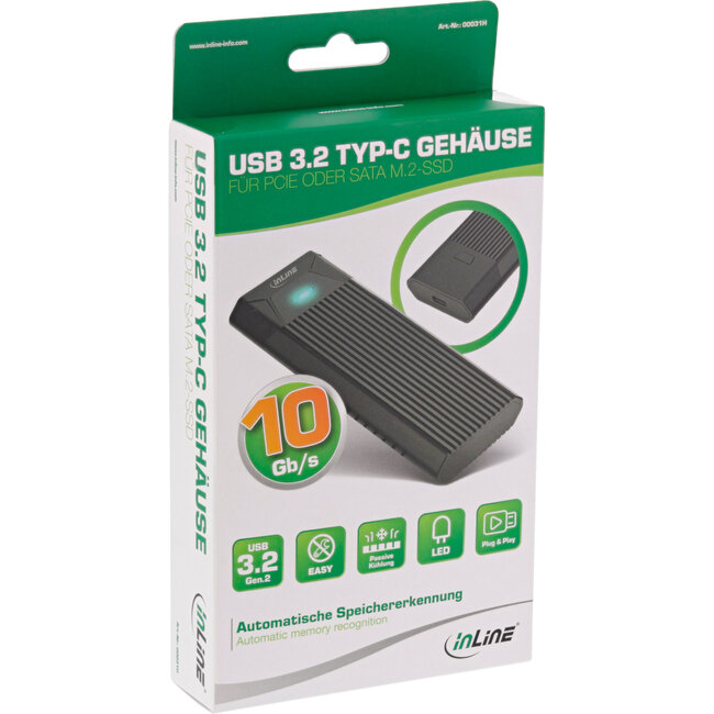 InLine® USB3.2 Gen.2 USB-C naar M.2 SSD (PCIe NVMe & SATA) behuizing