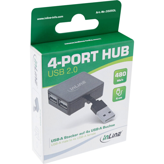 InLine® USB 2.0 4-poorts hub, USB-A male naar 4x USB-A female, kabel 4cm