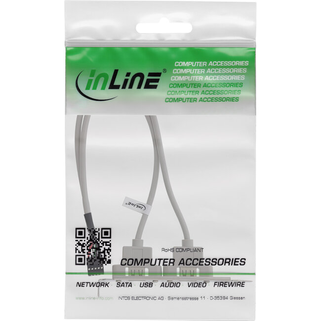 InLine® Sleufbeugel USB 2.0, 2x contactdoos naar 10-polige paalconnector, 0,35m